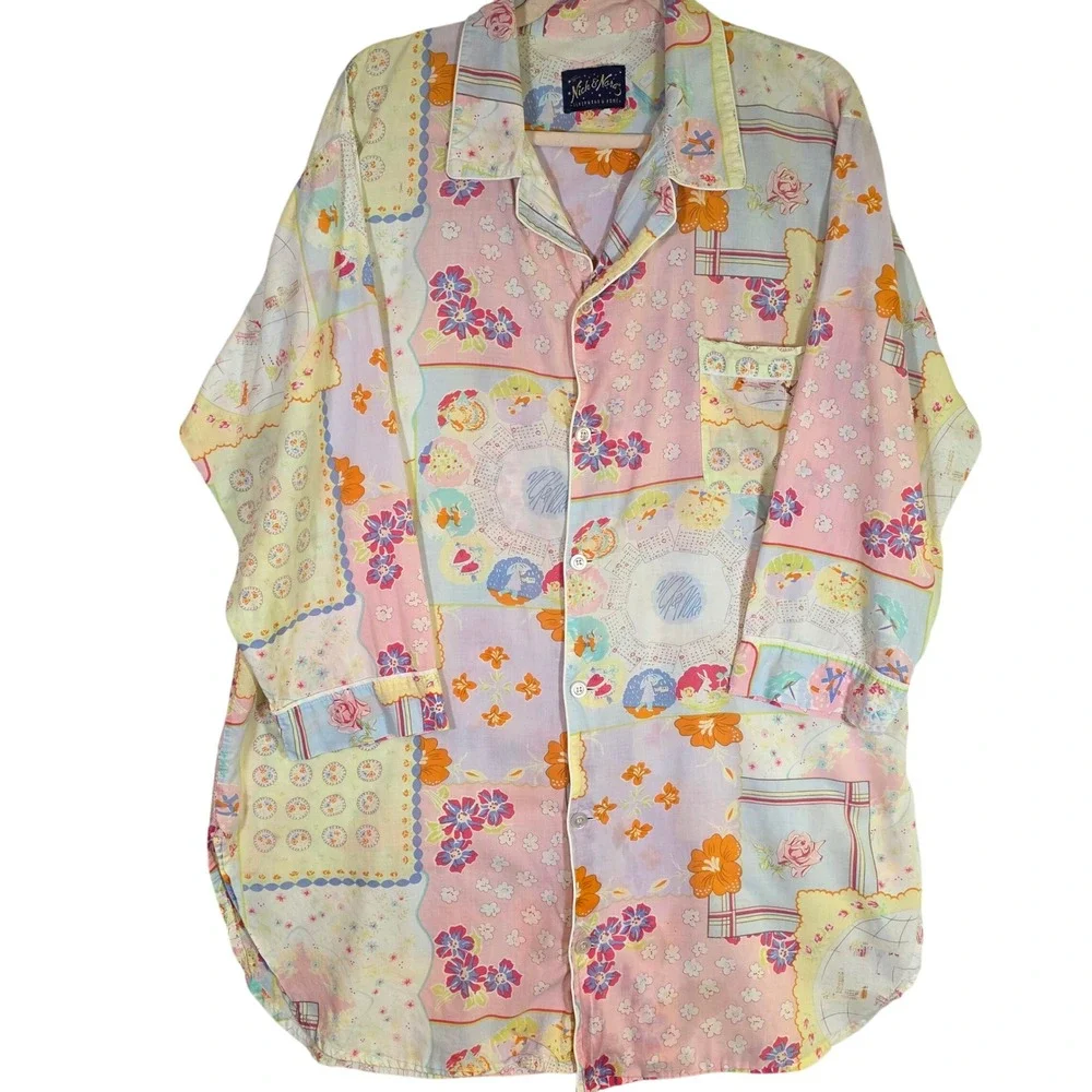 NICK & NORA Women's XL Pastel Calendar Floral Nightshirt Pajama Shirt RARE PRINT